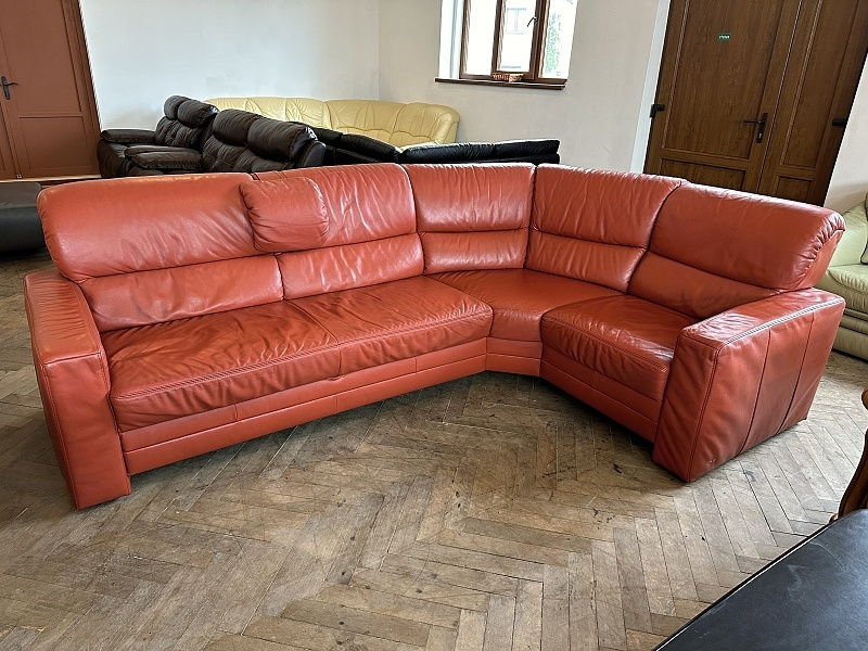 474 Kožená rozkládací rohová sedací souprava sedačka červená - 2