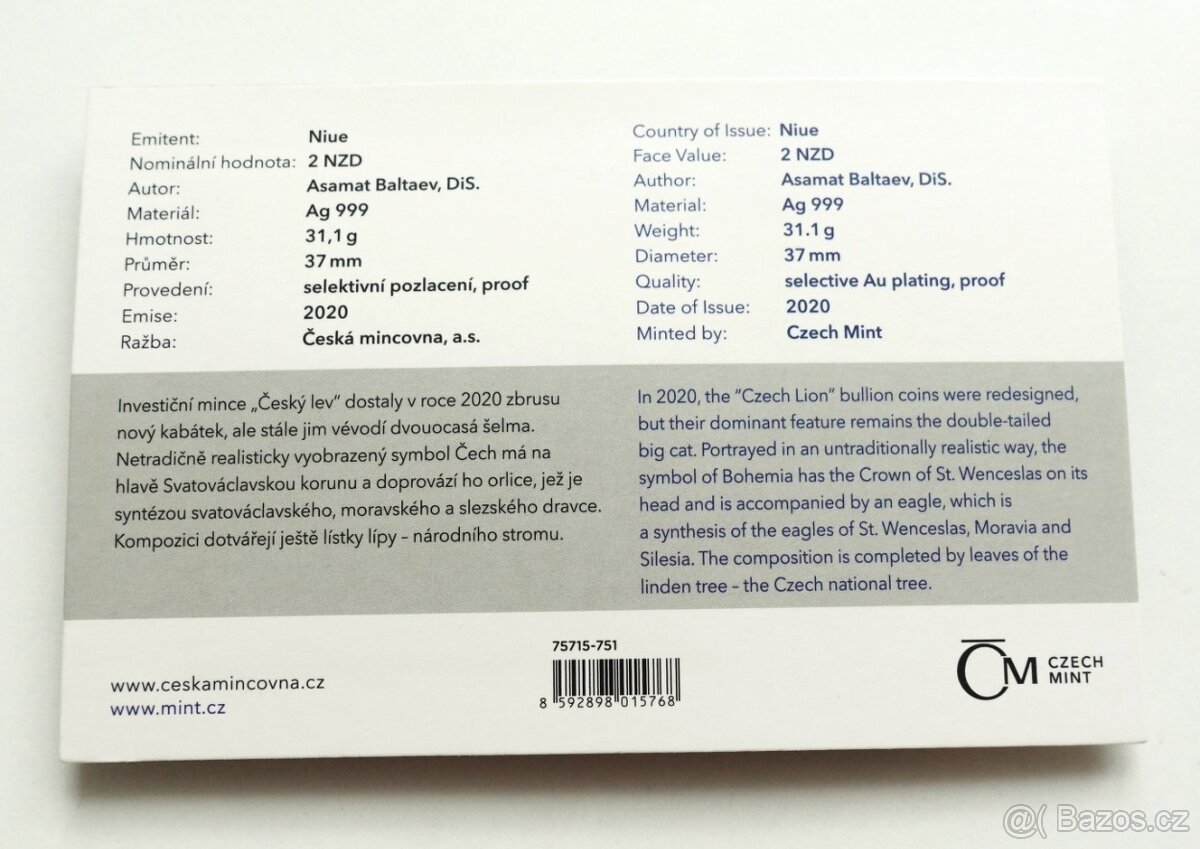 stříbrná mince - Český lev 2020 - číslovaný PROOF - 2