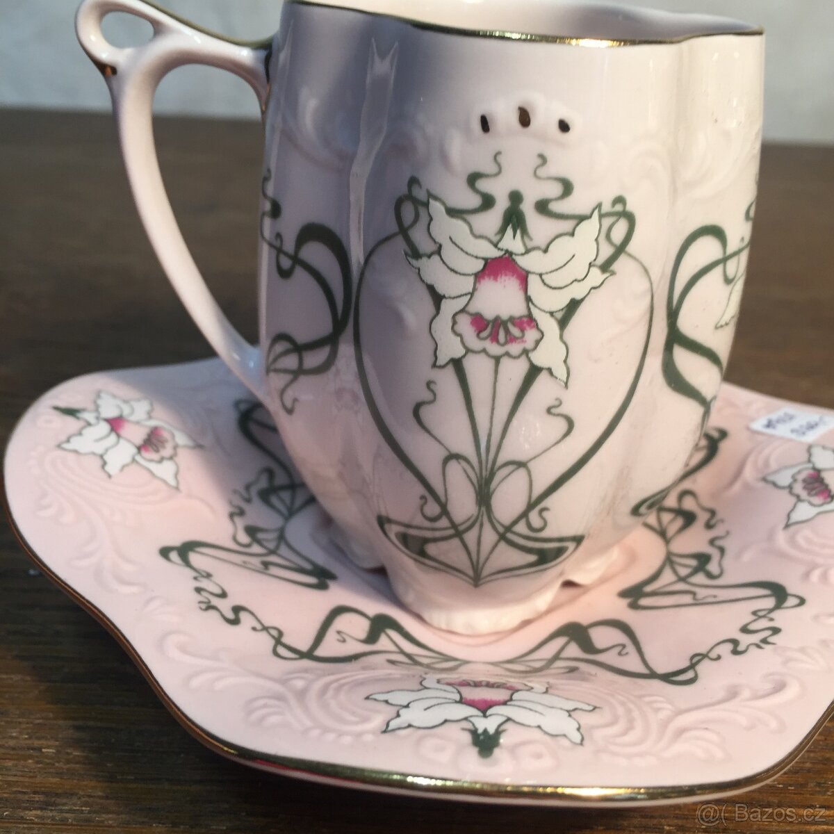 šálek růžový porcelán Chodov neobvyklý secesní dekor - 2