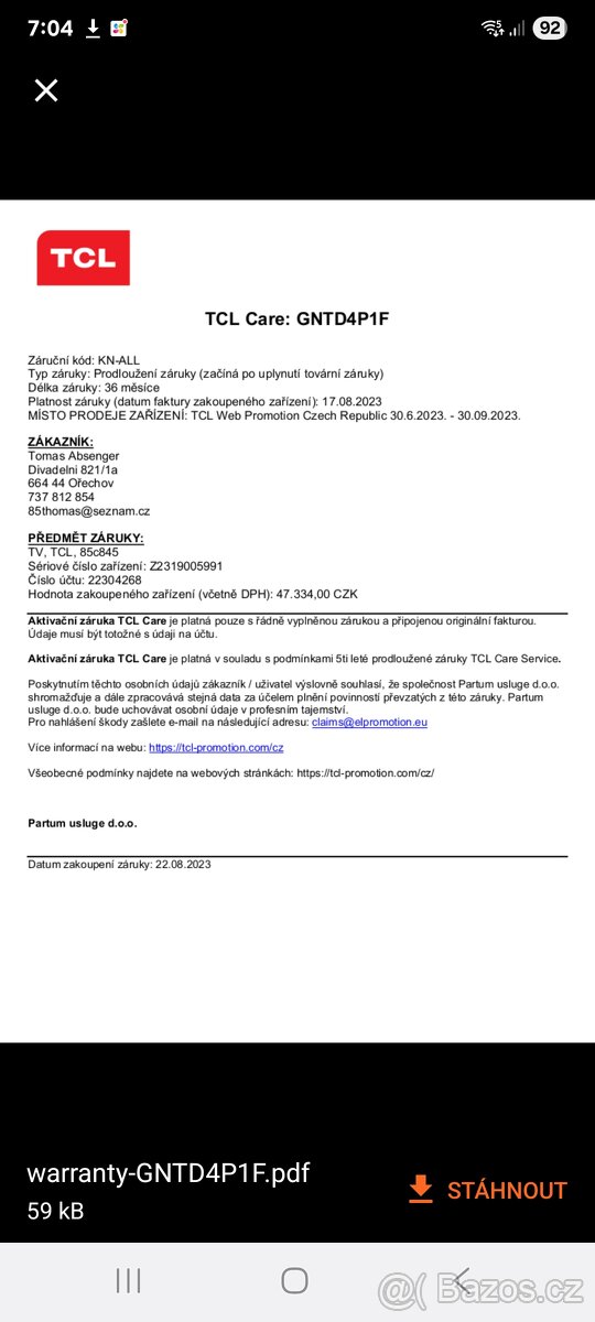 85" TCL 85C845 + 3 roky záruka navíc - 2