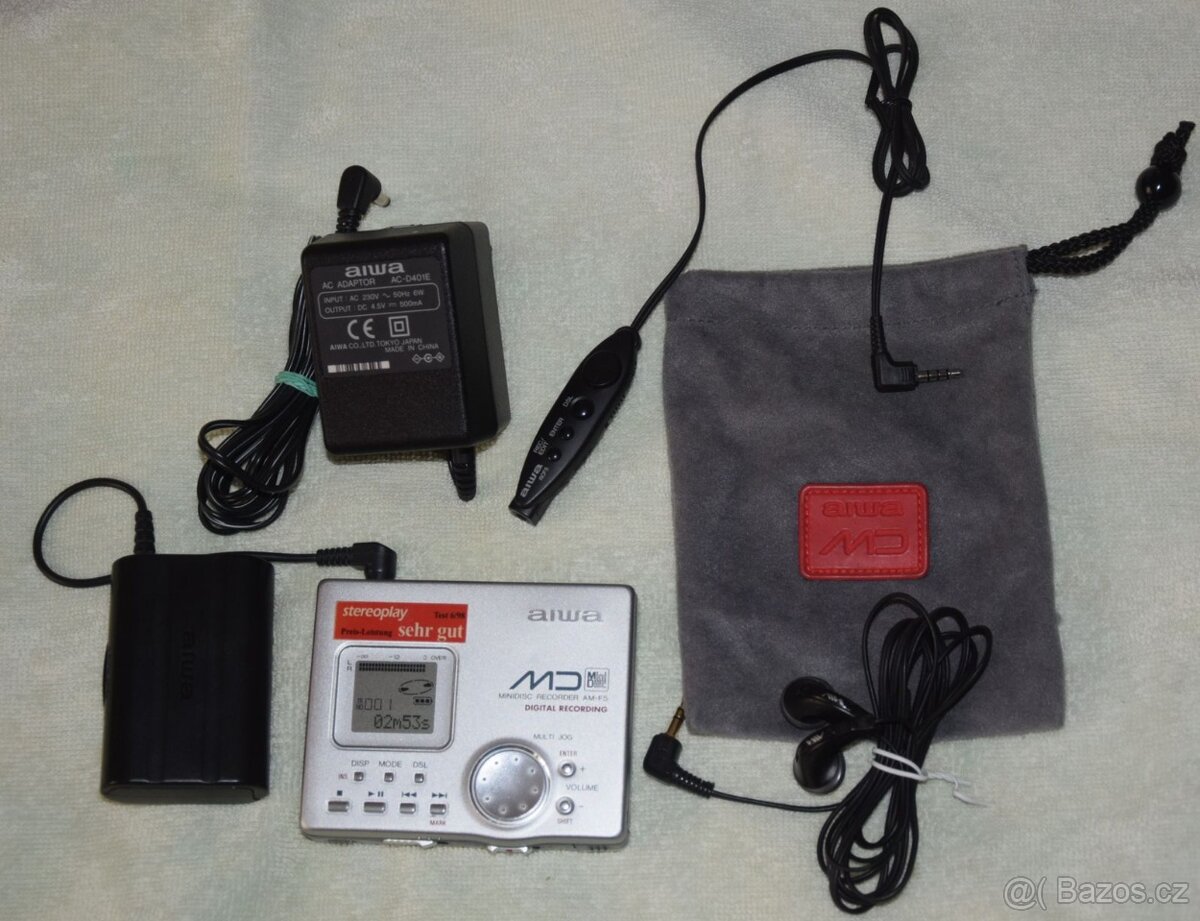 Minidisc Aiwa AM-F5, nabíječka, AA adapter, manual, MD disky - 2
