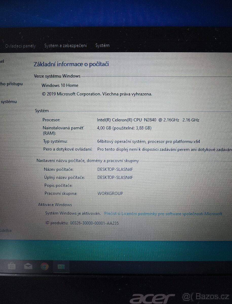 Malý Acer 11.6" na ND/servis + adaptér - 2