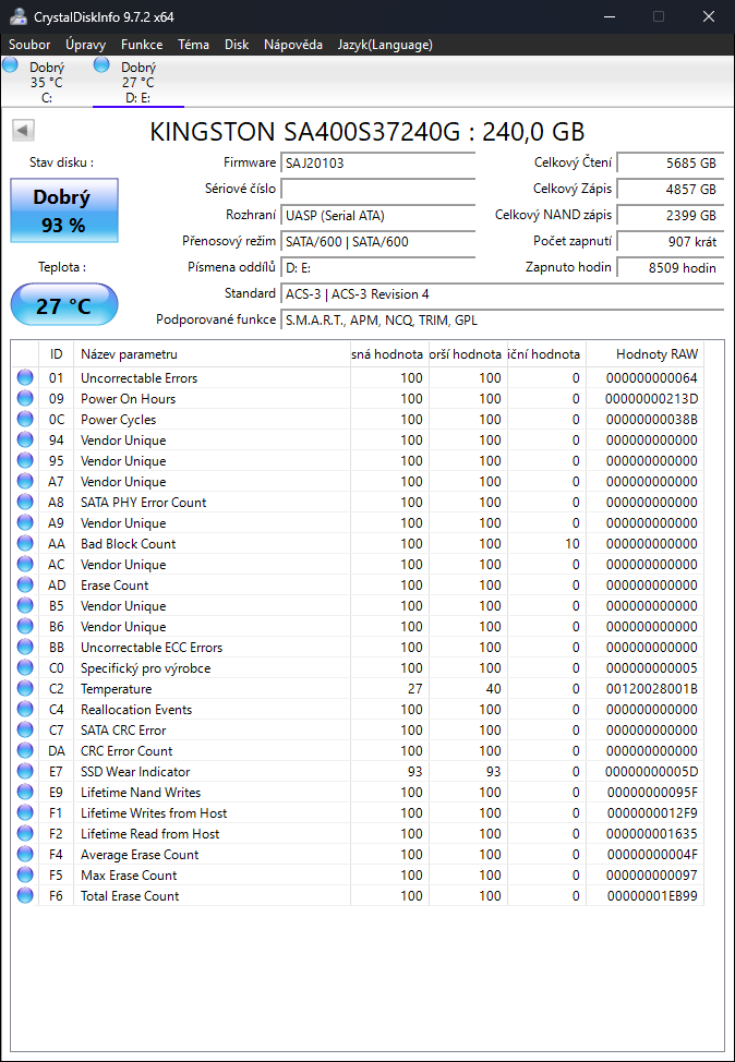 SSD Kingston SA400 240GB – 93 % zdraví - 2