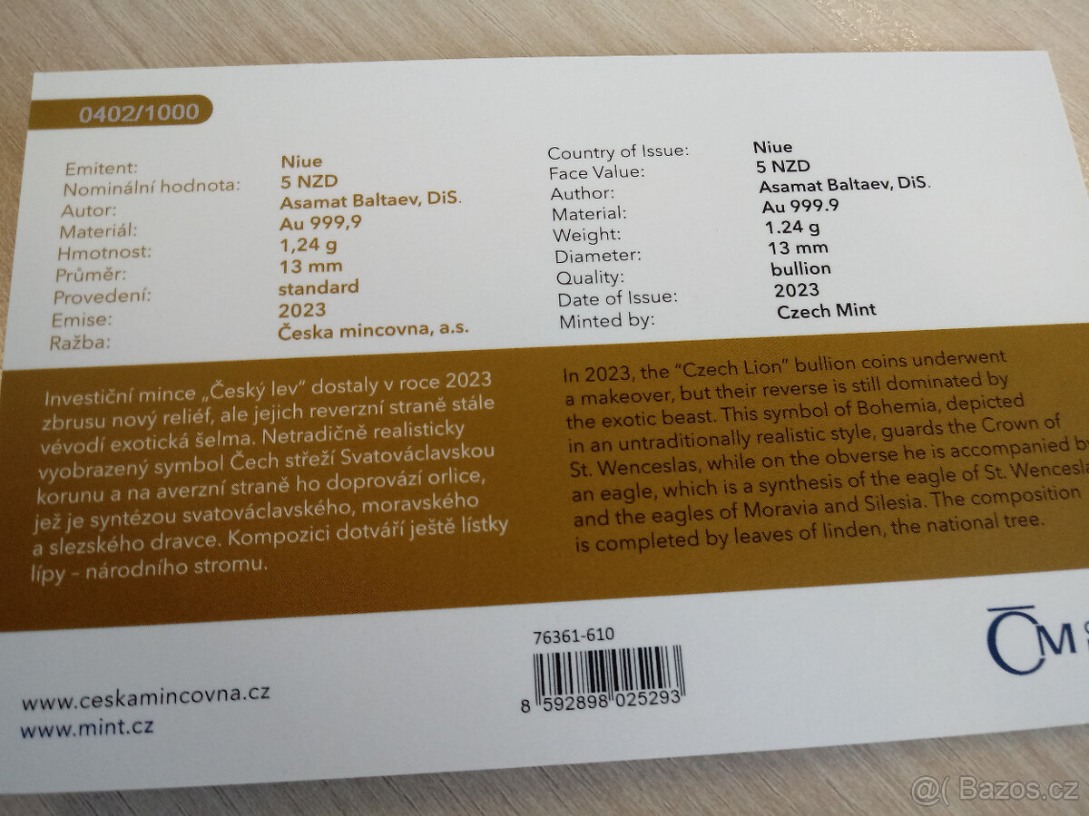 Zlatá 1/25 oz mince Český lev 2023 číslovaný - 2