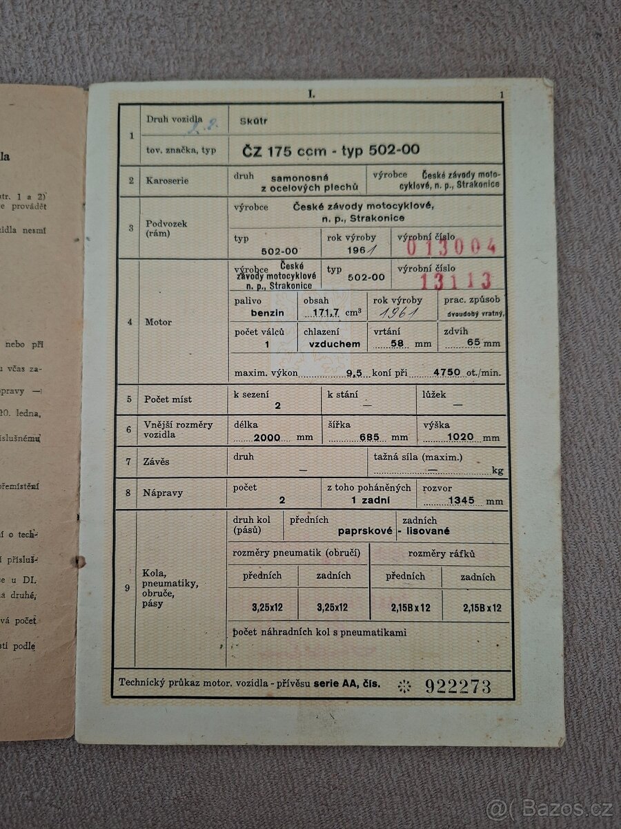 Technický průkaz skútr ČZ 175/502 - 2