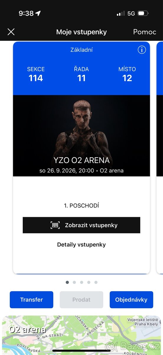 YZO O2 Arena 26.9. – sektor 114, řada 11 (sezení) - 2