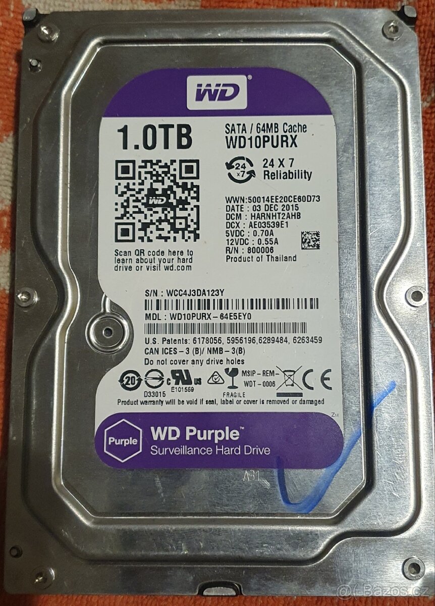 3.5" HDD 1.0TB. WD-Purple. SATA. Plně funkční. Brno [0 - 2
