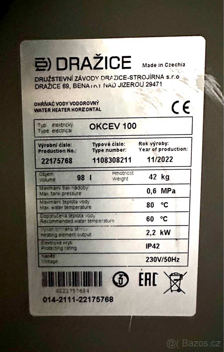 Bojler elektricky Dražice 98 litru - 2