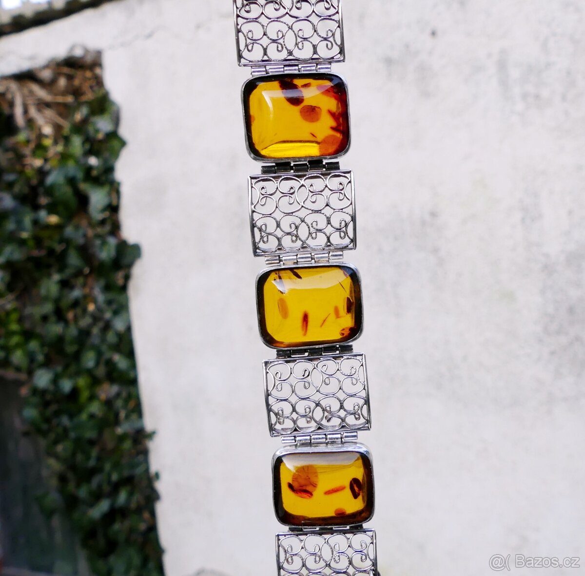 Luxusní stříbrný Art Deco náramek jantar, filigrán - 2