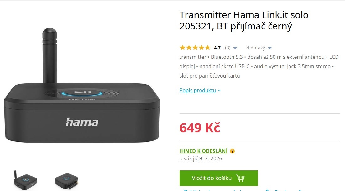 Bluetooth přijímač Transmitter Hama Link.it solo - 2