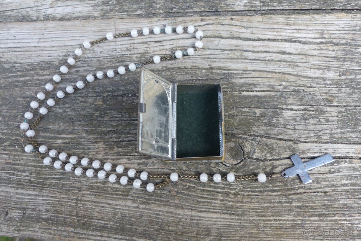 Starožitné škapulíře, sklo a kov, růženec - 2