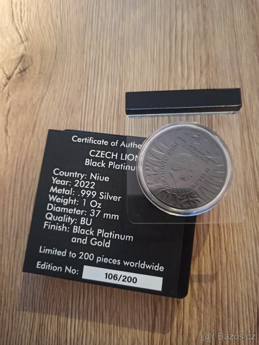 1 oz Český lev 2022 Black Platinum s pozlacením - 2
