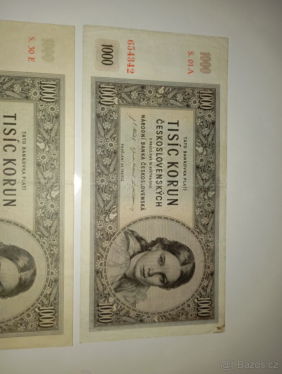 BANKOVKY 1000 KČS 1945, PRVNÍ A POSLEDNÍ VYDANÁ SÉRIE - 2