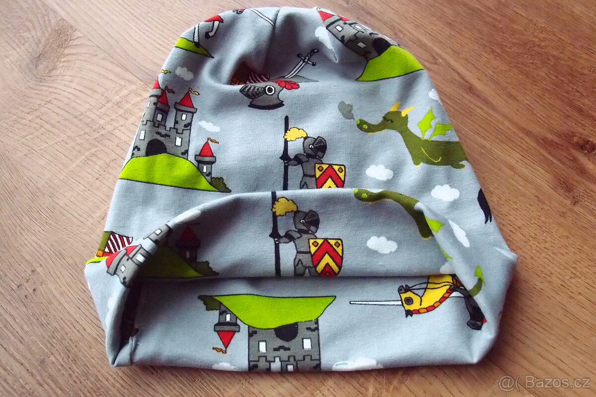 NOVÁ dětská čepice a nákrčník 116/122 rytíři a draci - 2