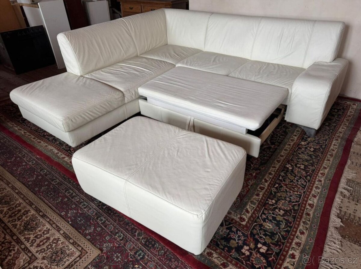 Bílá kožená rohová sedačka s taburetem,5979 - 2