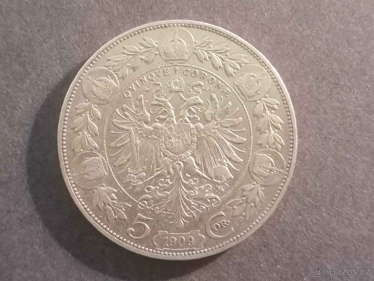 Stříbrná 5 Koruna FJ I. 1909 bz-Schwarz -Vzácnější - 2