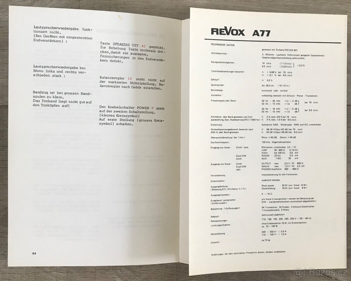 REVOX A77 originální brožura-návod v němčině - 2