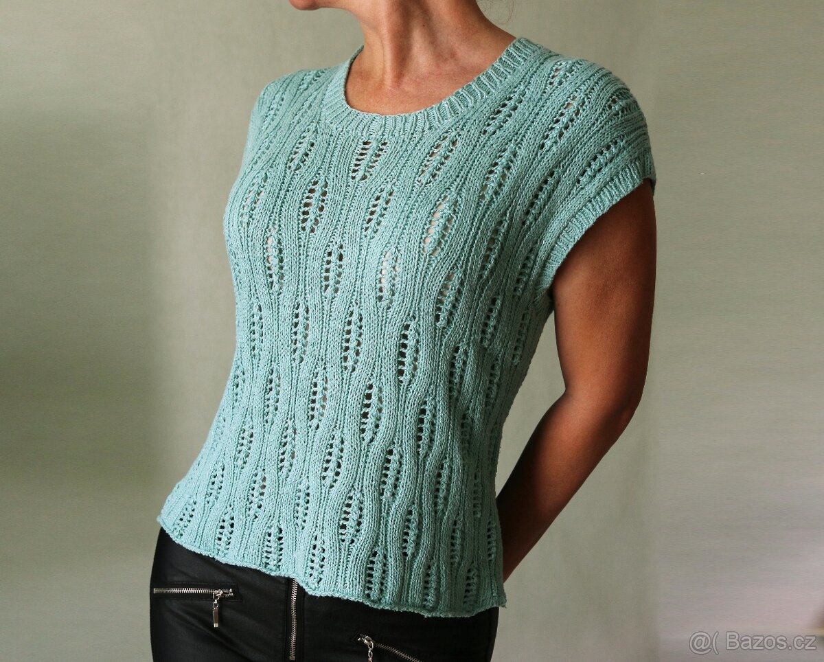 Ručně pletené letní mentolové tričko-halenka L-XXL - 2
