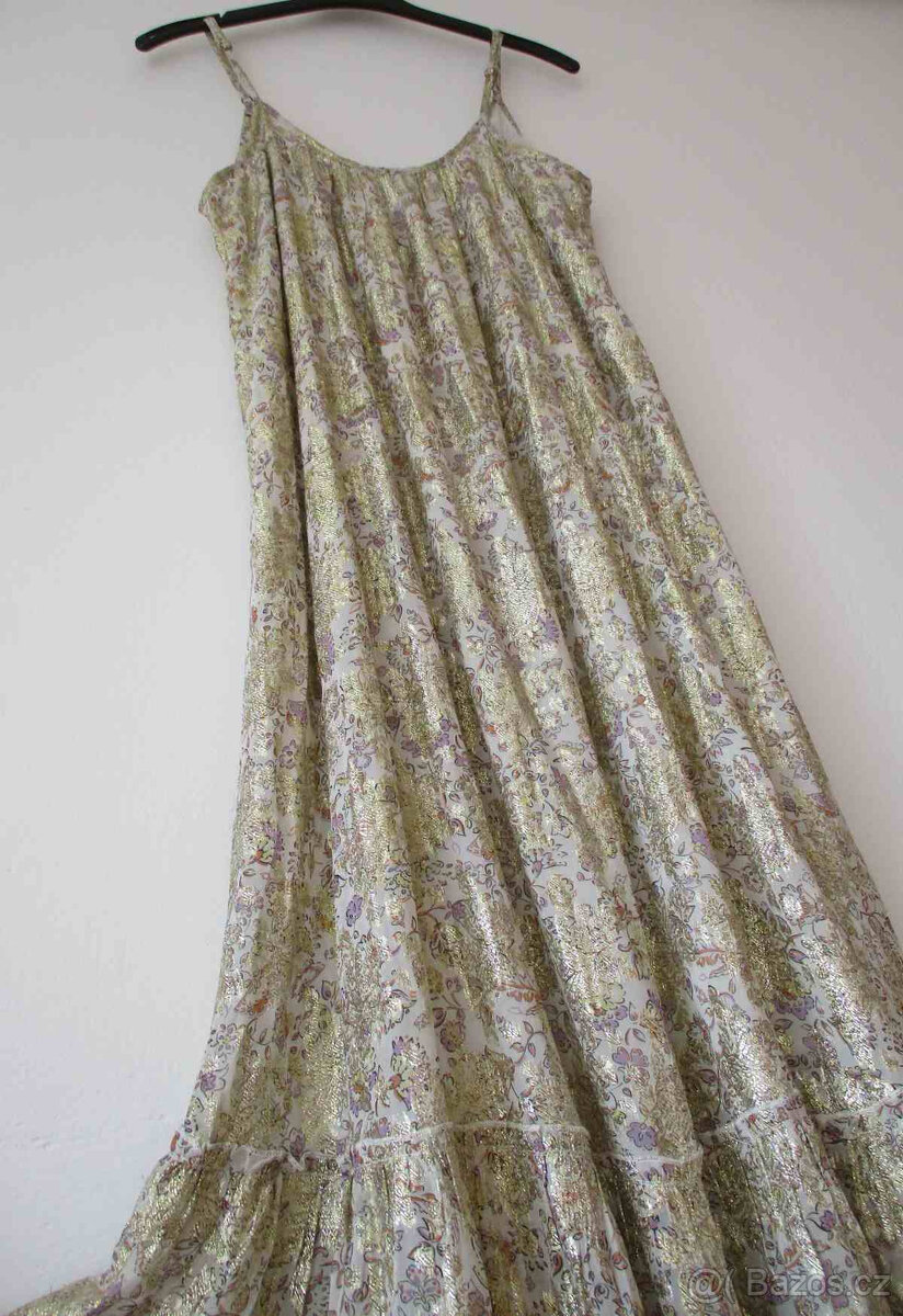Dlouhé letní šaty květované zlaté Mango L XL 40 42 - 2