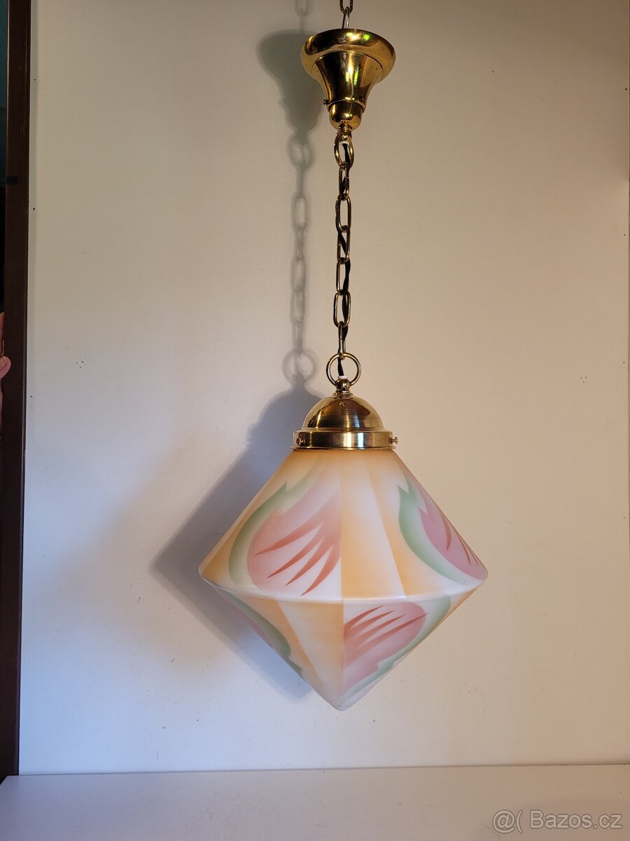 mosazný lustr, pěkné Art Deco stínidlo - 2