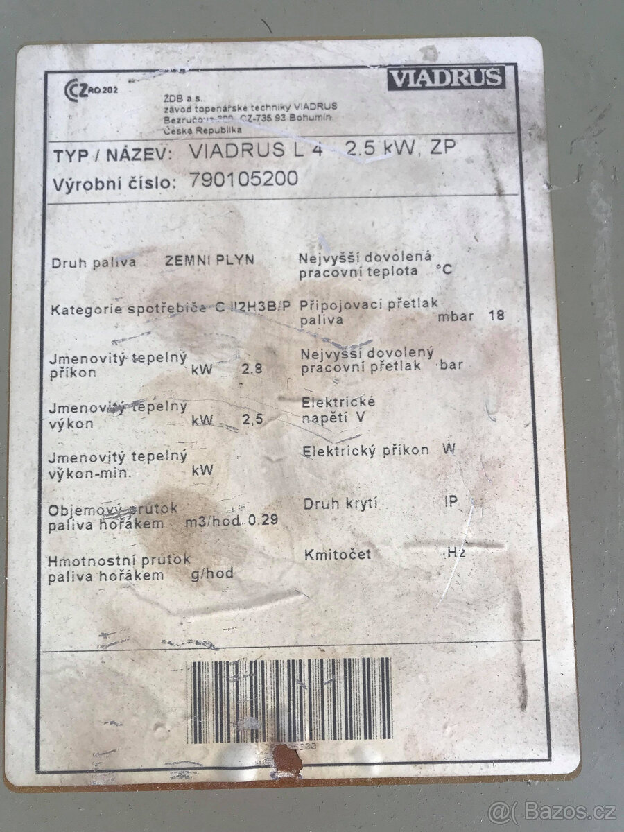 Plynové topeni VIADRUS L4 2,5kW a 4,5kW - použité - 2