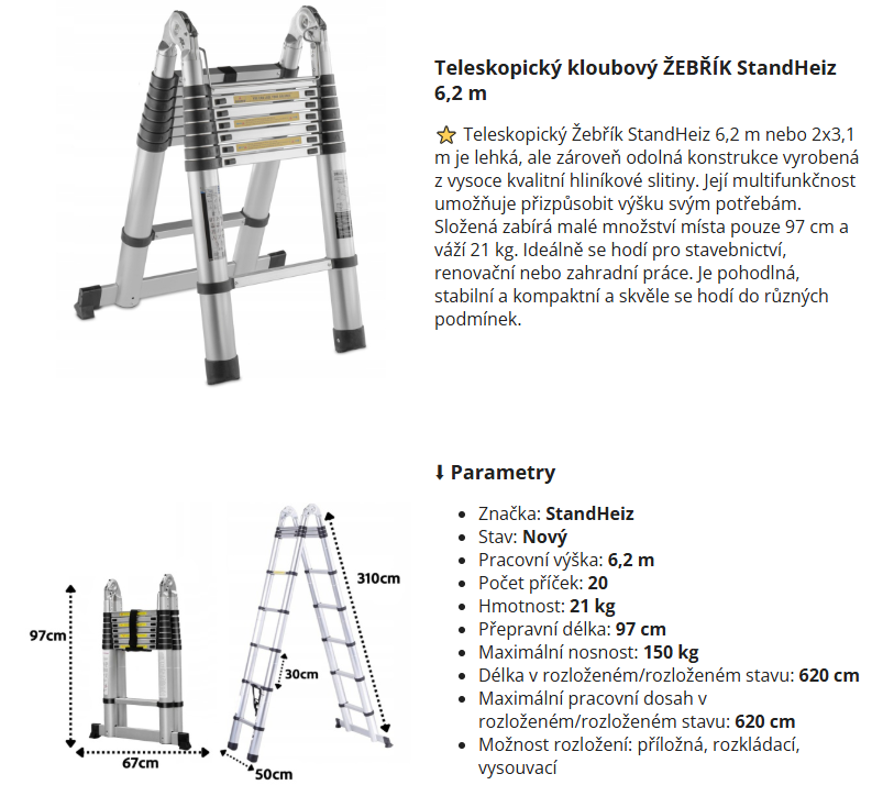 TELESKOPICKÝ HLINÍKOVÝ ŽEBŘÍK 6,2 m (3,1 m + 3,1 m) KLOUBOVÝ - 2