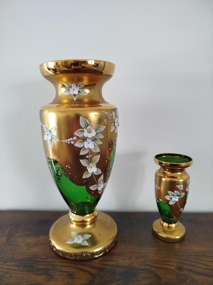 Váza skleněná zelená, smalt+ zlato,novoborské sklo - 2