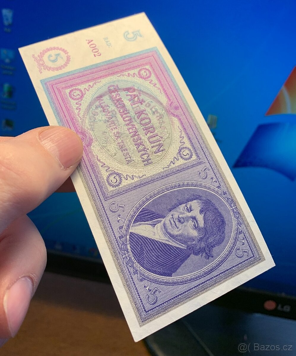 Staré bankovky 5 korun 1940 PŘETISK bezvadný stav - 2