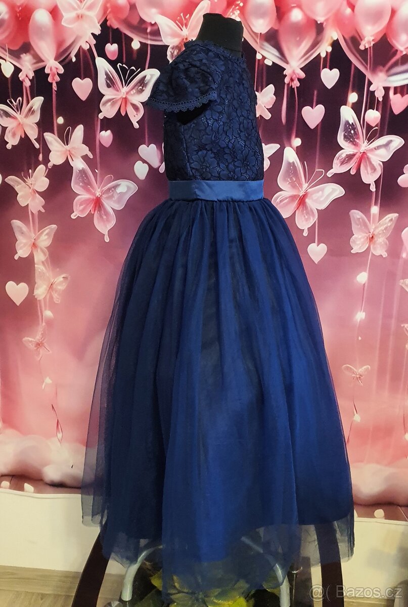 Elegantní tmavě modré dívčí společenské šaty - 2
