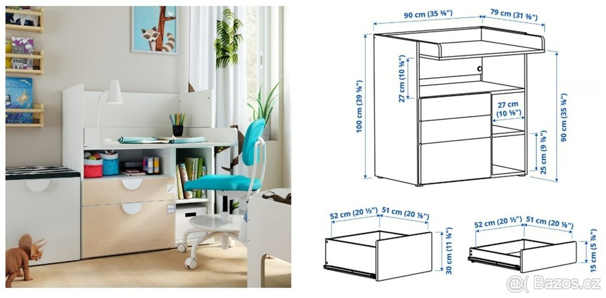 IKEA SMÅSTAD přebalovací stůl (bílá/bříza), velmi zachovalý - 2