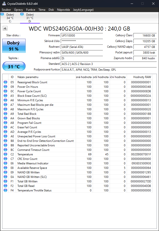 SSD WD Green 240GB – 91 % zdraví - 2