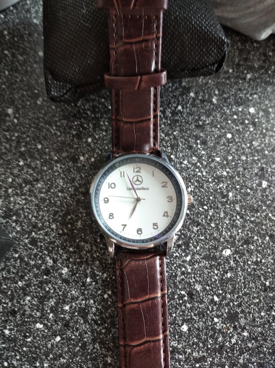 Hodinky MERCEDES BENZ černé, hnědý pásek + krabička - 2