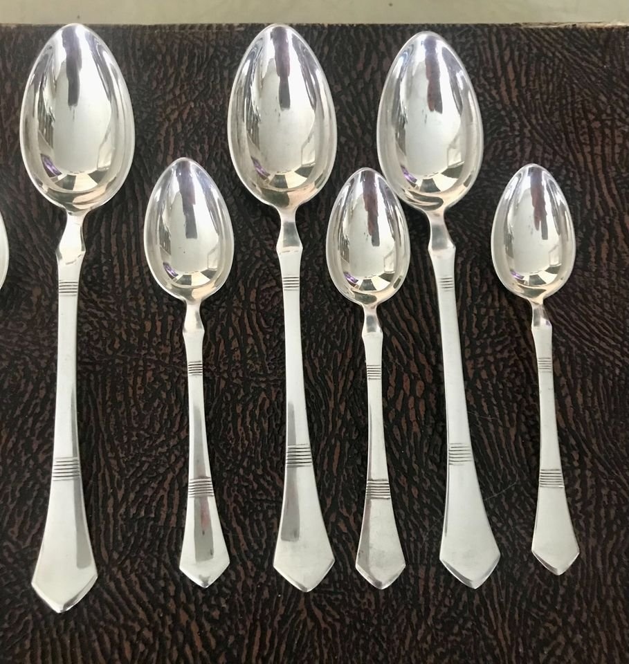 starožitné postříbřené lžičky Sandrik Alpaka 13ks - 2