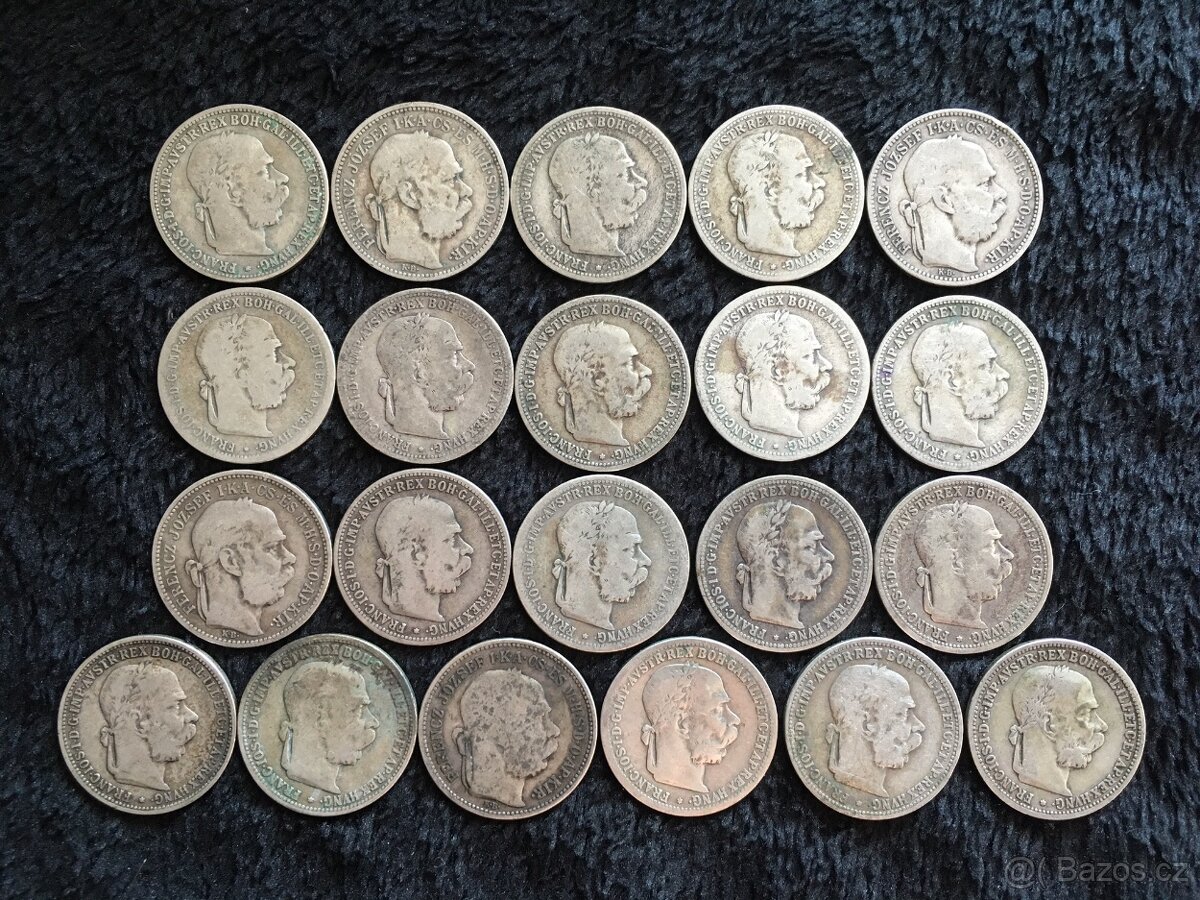 21 kusů stříbrných 1 korun, mince z dob Rakouska Uherska - 2