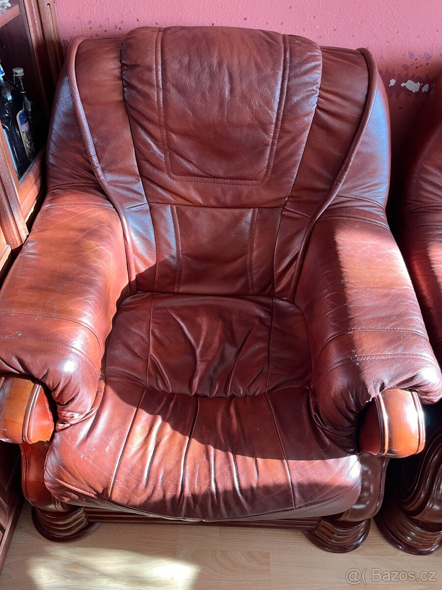 Hnědá kožená sedačka + 2 kožené křeslo - 2