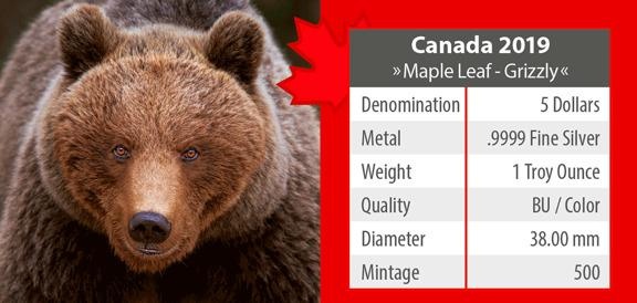 Kanada, 1 unce 2019, Ag 999,9 Grizly, raženo pouze 500 kusů - 2