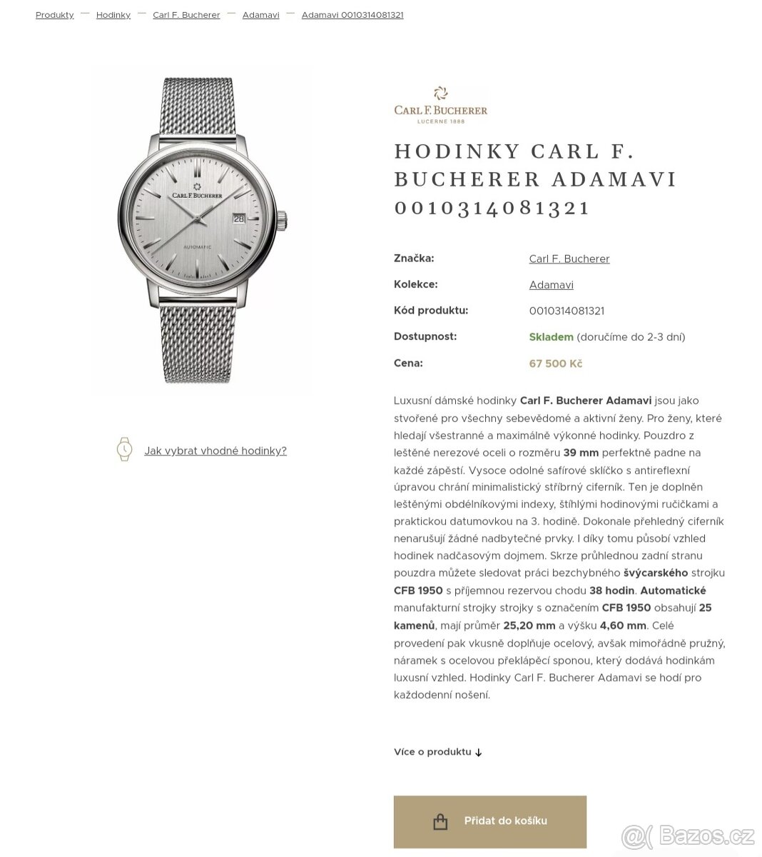 Carl F. Bucherer, model Adamavi 39mm, originál hodinky - 2
