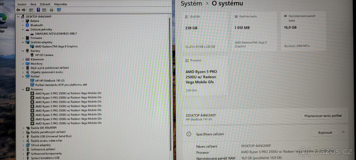 HP, Ryzen 5 2500U 4/8x 3,60GHz, 16GB DDR4, 25GB SSD, bat. 3h - 2