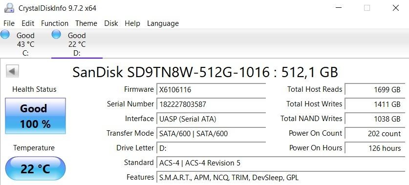 SSD SanDisk M.2 X600 512GB (health 100%) - 2