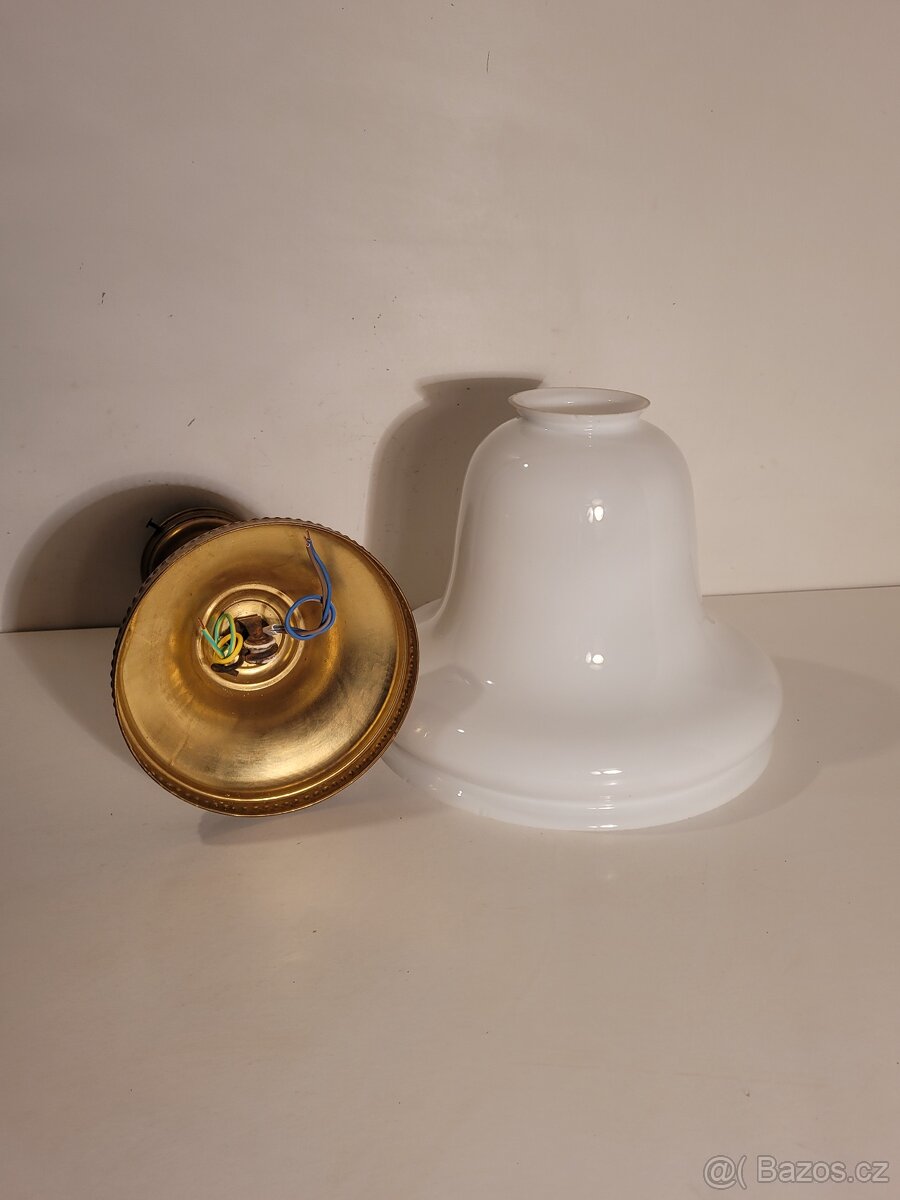 pěkný velice starý mosazný lustr, bílé stínidlo,nové elektro - 2