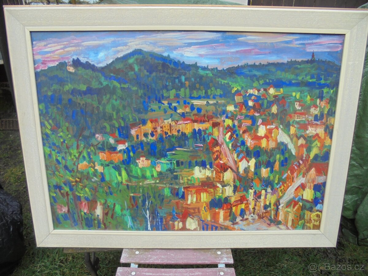 OBRAZ OLEJ NA KARTONU-POHLED NA KARLOVY VARY - 2