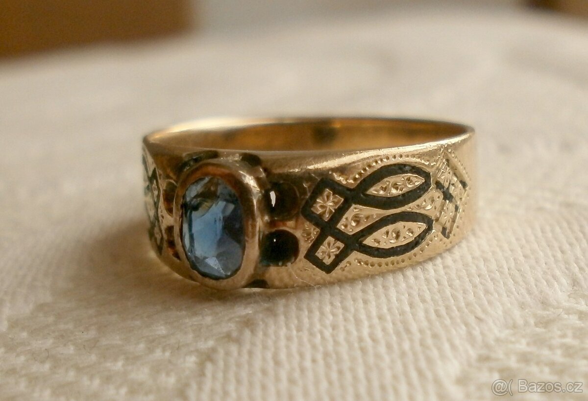 Starožitný zlatý prsten přírodní safír, smalt - 2