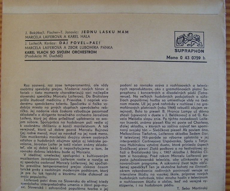 SP deska M.Laiferová a Karel Hála 1969/62/ - 2