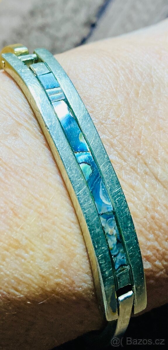 Náramek ze žlutého kovu s modrozelenou perletí - 2