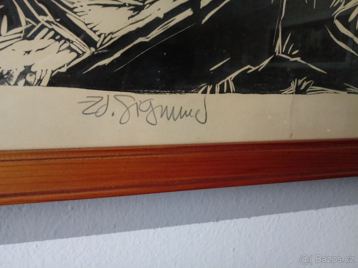 Originál linorit Zdeněk Sigmund "Náves", signováno - 2