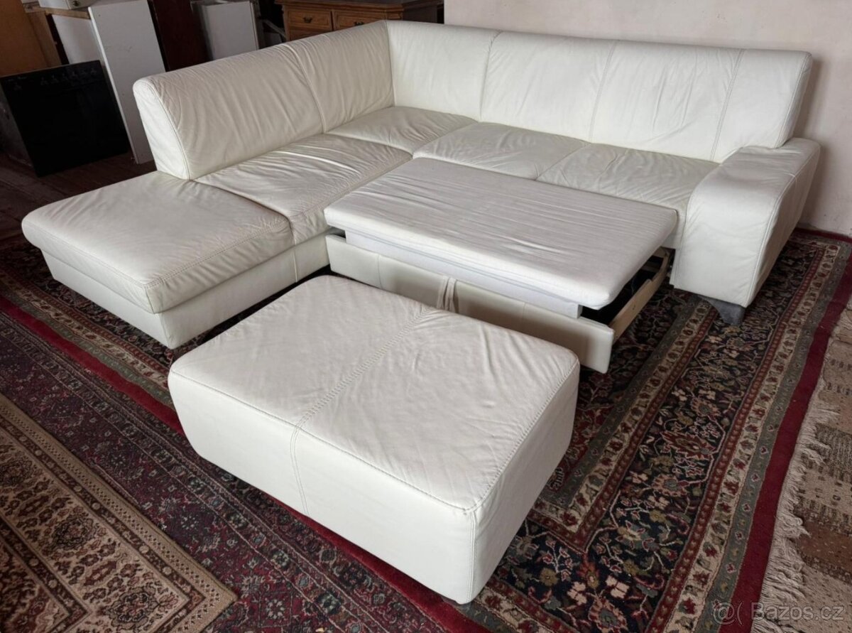Bílá kožená rohová sedačka s taburetem,5979 - 2