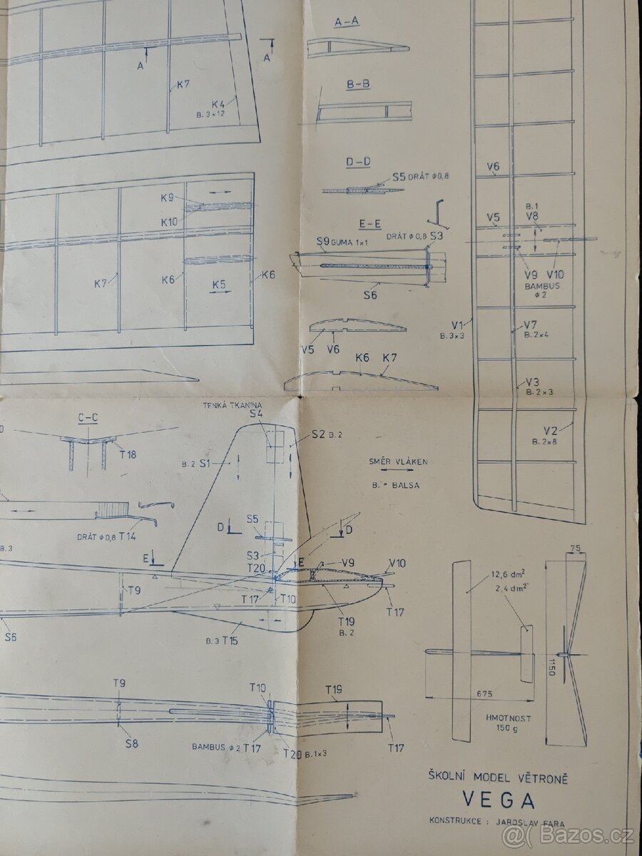 Modelářský plán školního větroně Vega,r.v. 1983 - 2