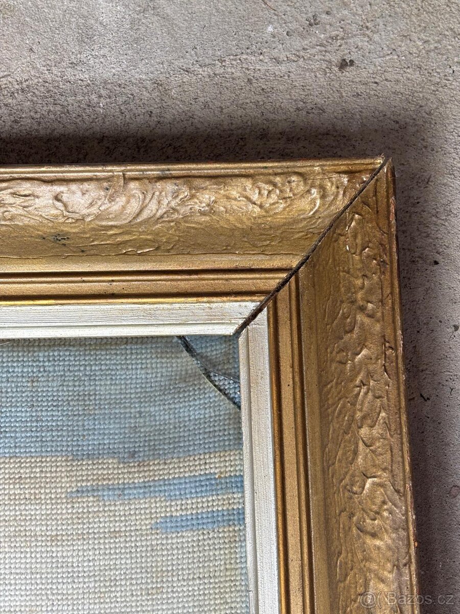 Velký starožitný vyšívaný obraz Pražský hrad Karlův most - 2