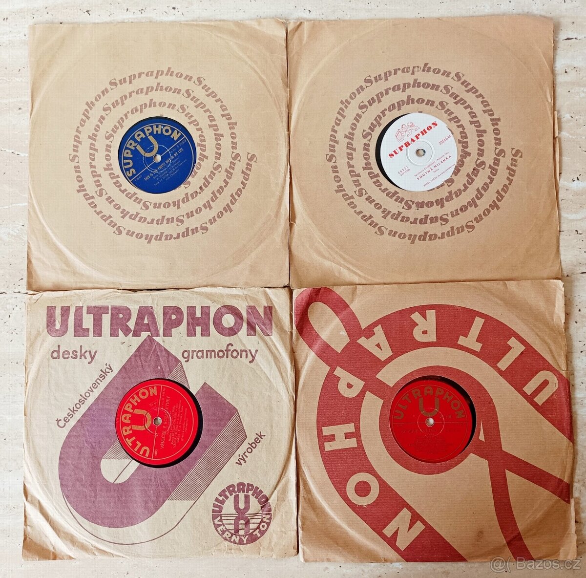 Čtyři staré šelakové gramodesky v obalech, 78 ot./min. - 2