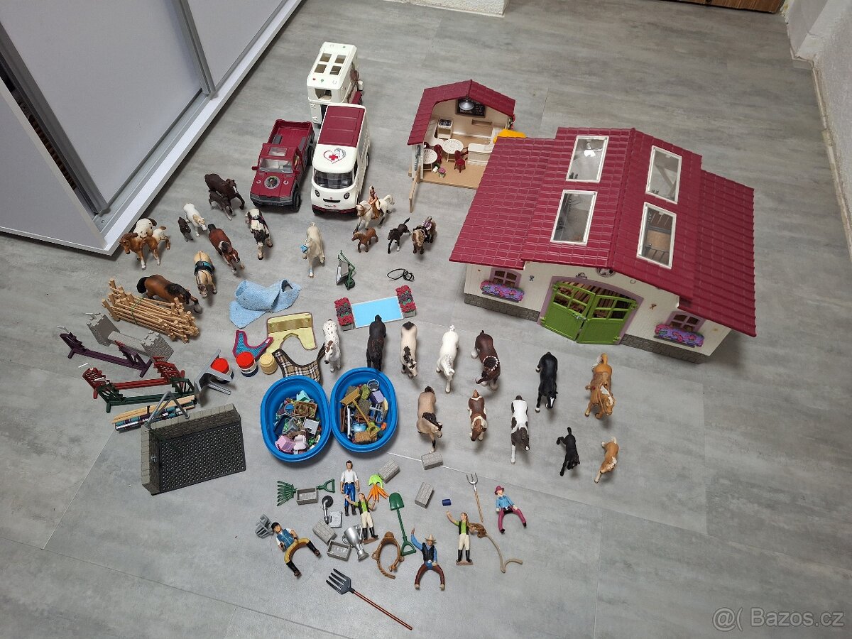 Schleich stáj s příslušenstvím, auto s koňským přívěsem, san - 2